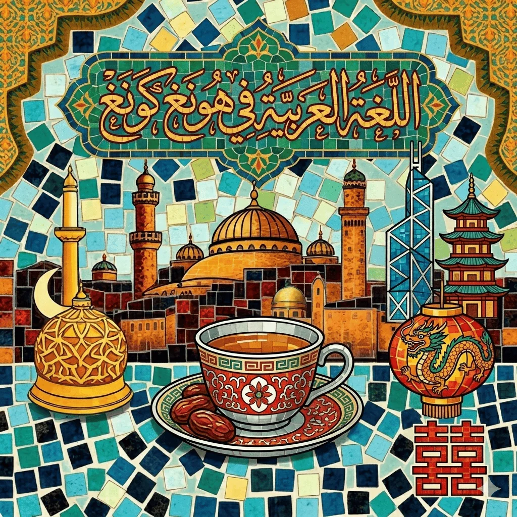 Mosaic-style illustration blending Arabic language and Hong Kong culture