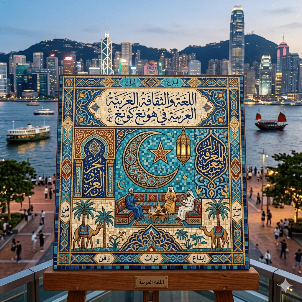 Mosaic-style illustration celebrating Arabic language and culture